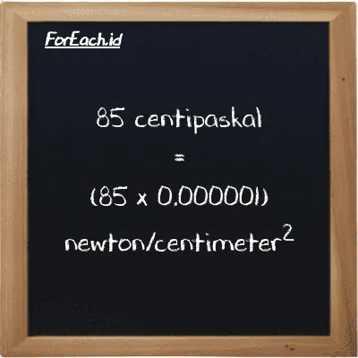 Cara konversi centipaskal ke newton/centimeter<sup>2</sup> (cPa ke N/cm<sup>2</sup>): 85 centipaskal (cPa) setara dengan 85 dikalikan dengan 0.000001 newton/centimeter<sup>2</sup> (N/cm<sup>2</sup>)